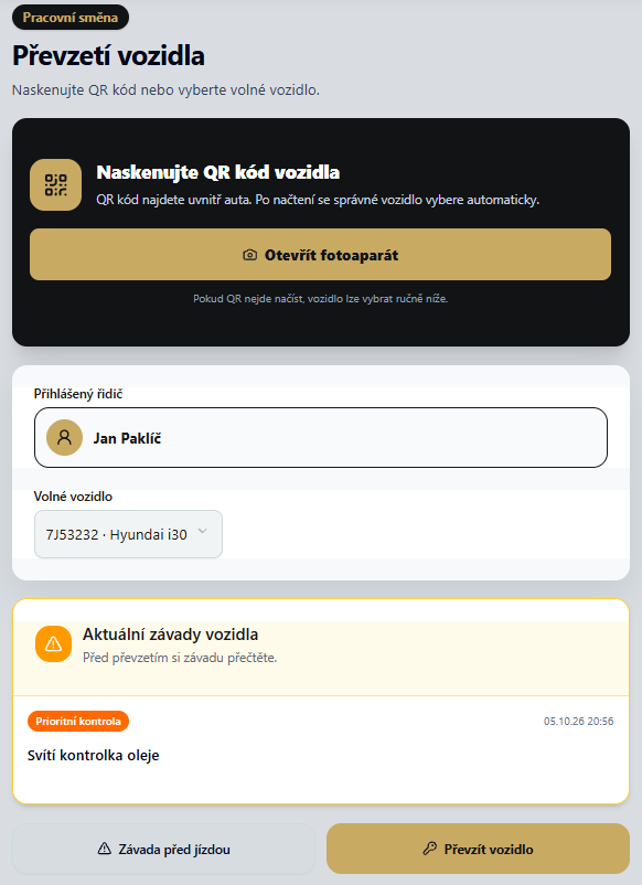 Skutečná obrazovka převzetí vozidla v NEXTKEY Fleet