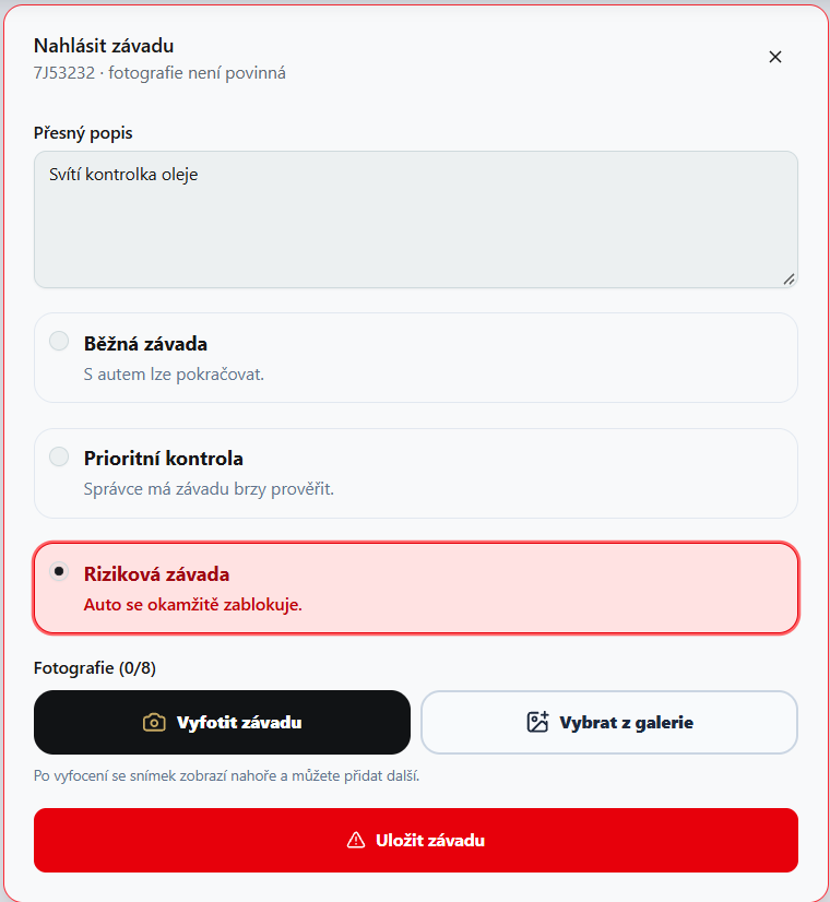 Skutečný formulář pro založení závady v NEXTKEY Fleet